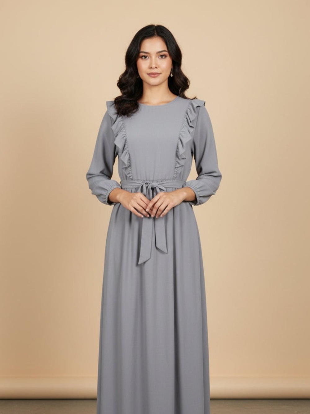 Source Unknown Lilac Ruffle Long-Sleeve Maxi Dress with Tie Waist - Picture 3 of 9